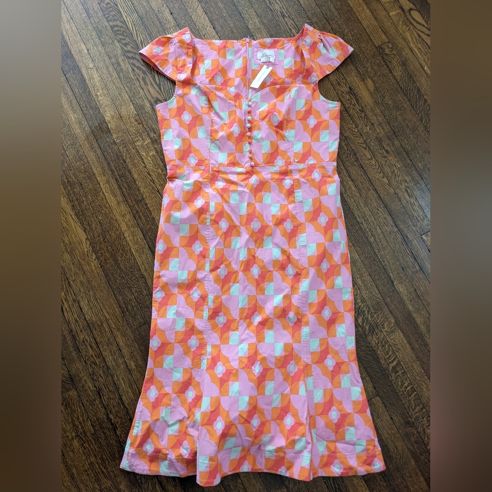 Anthropologie Orange Pink Geometric Cap-Sleeve Midi Dress